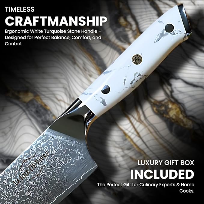 VG-10 Damascus Chef Knife – 8 Inch Japanese Kitchen Knife with 67-Layer Steel, Ultra-Sharp Blade, Ergonomic White Turquoise Handle, Gift Box Included