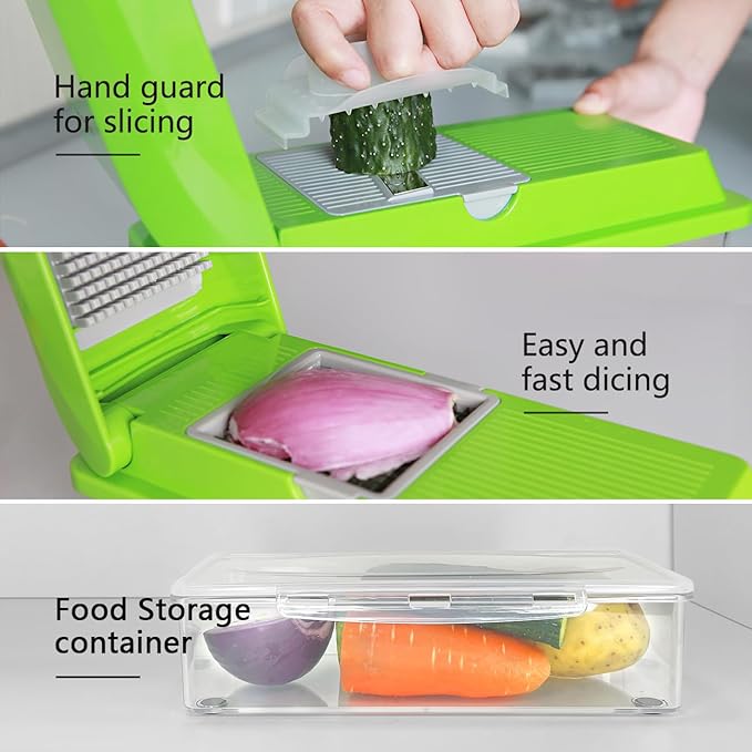 LHS Multifunctional Vegetables Chopper with Container, Manual Processor Cutter, Pro Onion Cutter, Vegetable Slicer Dicer Cutter with 3 Blades, Veggie Salp Chopper(6-in-1,Green)