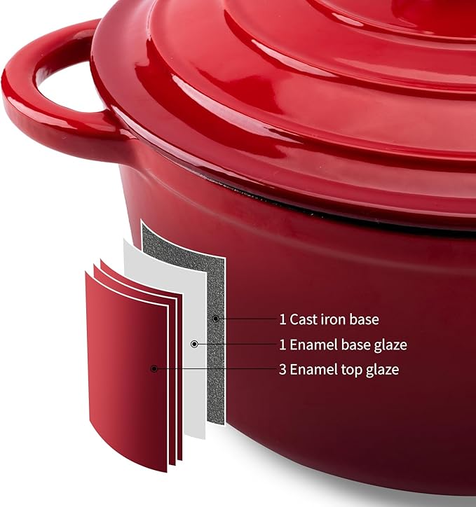 Enameled Cast Iron Dutch Oven Pot with Lid Heavy-Duty Cookware for Bread Baking, Braising, Stews, Roasting,7QT，red