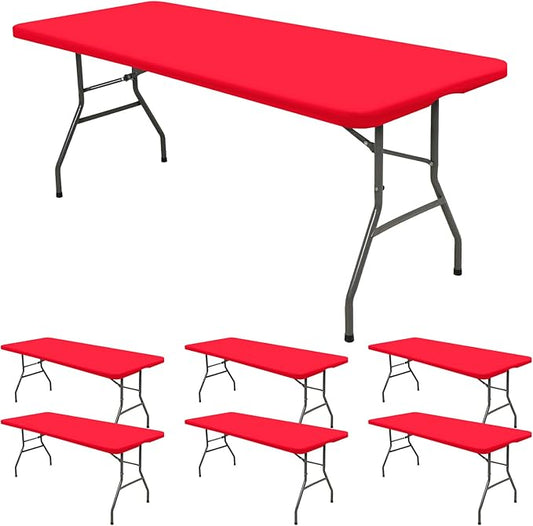 6 Pack Stretch Fabric Table Top Cap Cover, fits 6' Tables, Spandex Table Covers Washable Elastic Universal Rectangle Tablecloth Protector for Indoor Outdoor Party Picnic Wedding, Red, 30" W x 72" L