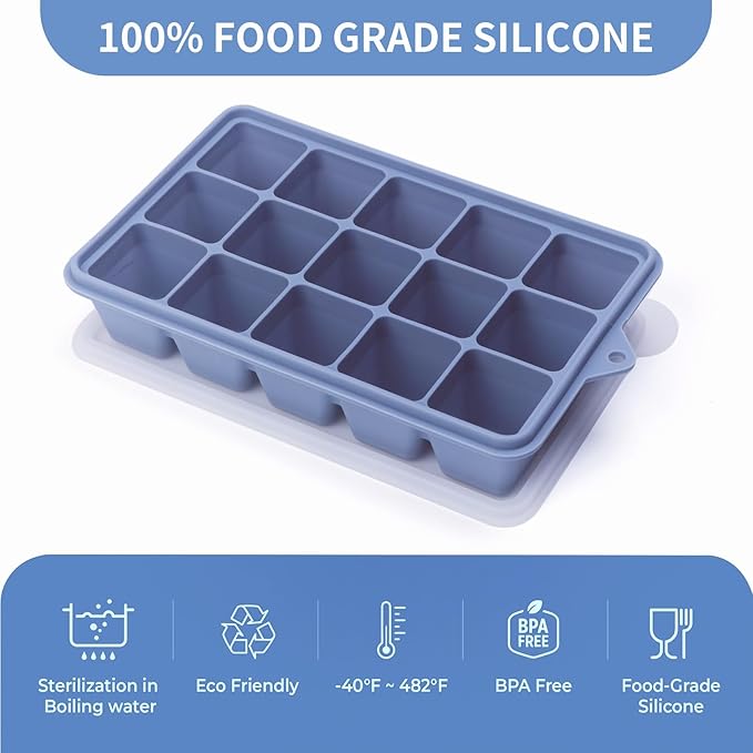 2 Tbsp Silicone Freezer Molds - Perfect for Storing Garlic, Herbs, Ginger, Pesto, Tomato Paste, Lemon Juice, Purees and More - Silicone Food Freezer Tray (Blue 2 Pack)