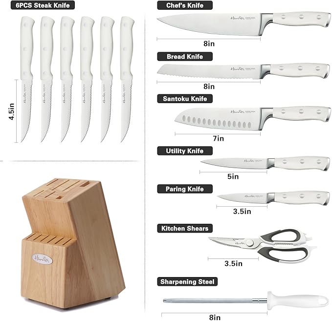 Harriet 14-Piece Knife Block Set, High-Carbon Stainless Steel Chef Knives with Triple Rivet Handles, Sharpening Steel & Multifunctional Shears | Santoku, Bread, Steak Knives & Wood Block