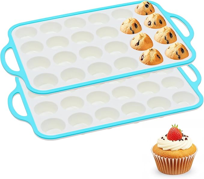 Silicone Mini Muffin Pan With Metal Reinforced Frame - 24 Cups Durable Silicone Cupcake Pan for Muffin, Cupcakes, BPA Free and Dishwasher Safe - 2 Piece Blue