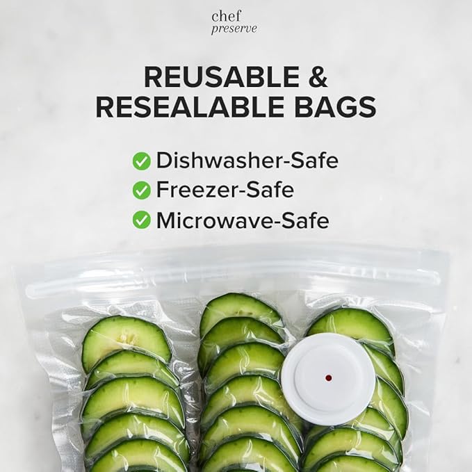 Chef Preserve Reusable Vacuum Sealer Bags for Food – 100 BPA-Free Food Storage Bags, Freezer, Microwave – Odor-Resistant, Leak-Proof – Compatible with Chef Preserve Vacuum Sealers