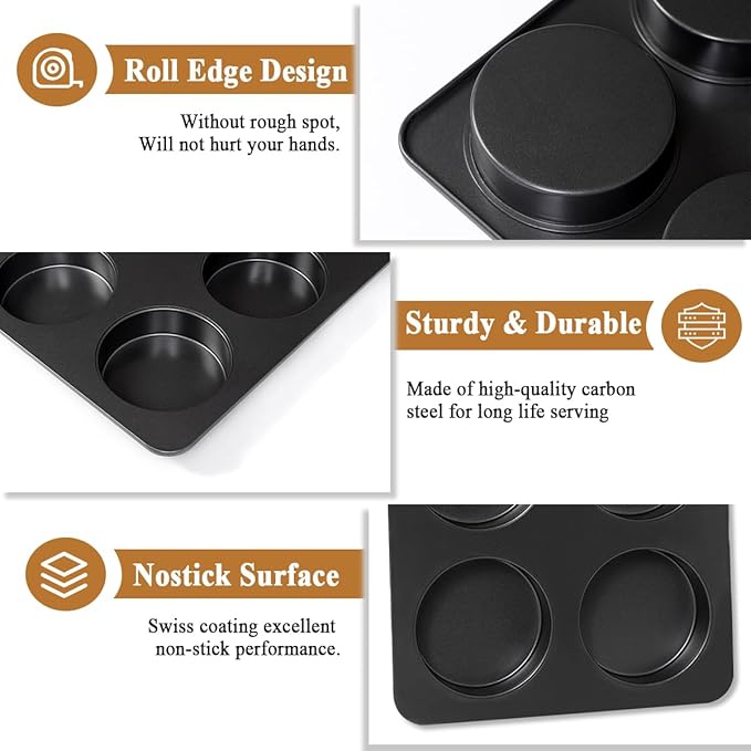 2 Pcs English Muffin Pans, 3.6 Inch Non-Stick 6 Cup Straight Side Cupcake Pan, Hamburger Bun Pan for Home/Kitchen Baking(Lid NOT Included)