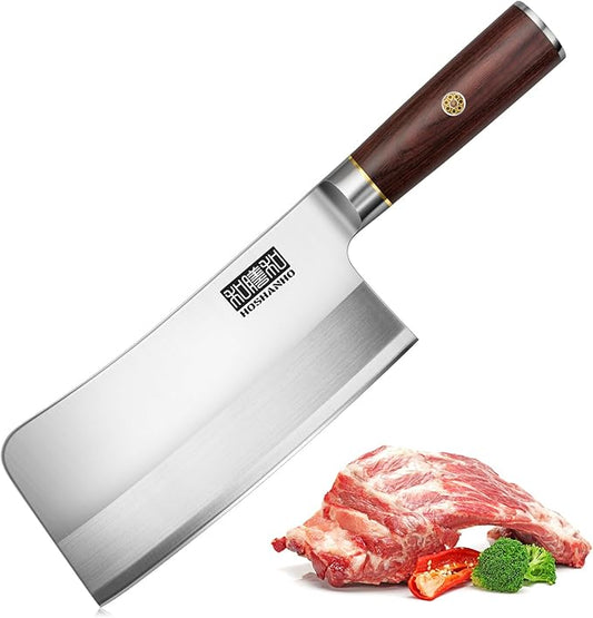 HOSHANHO 7 inch Cleaver Knife, High Carbon Powder Steel Meat Cleaver, Bone Chopper Butcher Knife with Ergonomic Wooden Handle for Home Kitchen and Restaurant