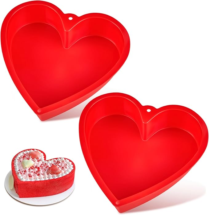 10 Inch Heart Shaped Cake Pans, 2 Pack Nonstick Silicone Heart Baking Molds for Cakes, Cheesecakes and Brownies (Red)