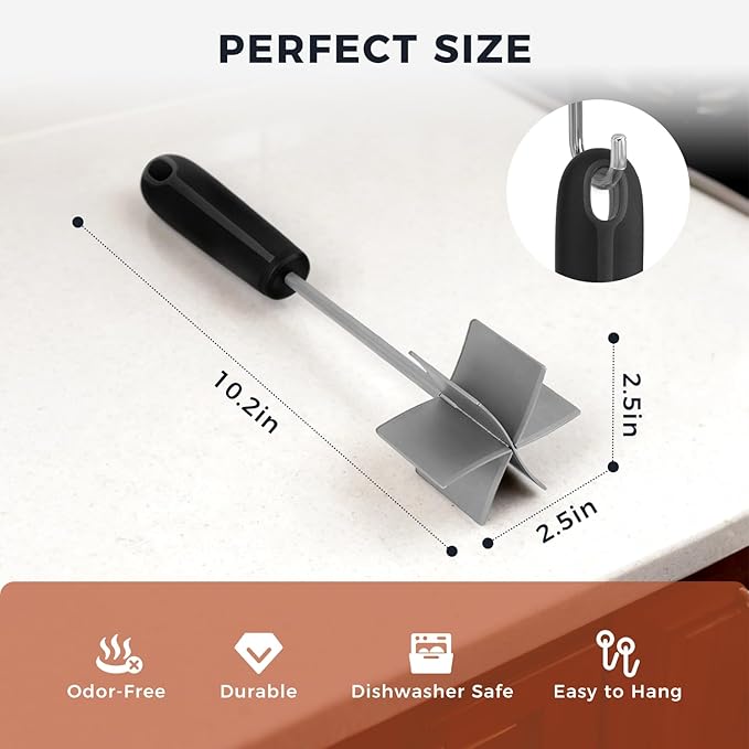 Stainless Steel Meat Chopper & Masher, Coinicxcel 10 Inch Heat Resistant Ground Beef Chopper Tool with 6 Curve Blades & Egonomic Non-Slip Handle, Heavy-Duty Hamburger Smasher Tool Dishwasher Safe