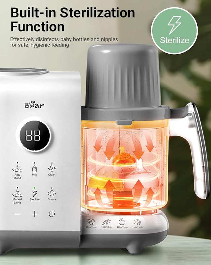 Bear Baby Food Maker with Two Layer Steam Baskets, One Step Baby Food Processor Steamer Puree Blender, Baby Food Mill with Bottle Warming Sterili-zing Auto Cleaning Function, BPA-Free, White