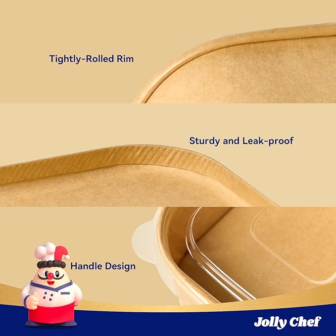 JOLLY CHEF 25 oz 50 Pack Paper Meal Prep Containers with Lids, Rectangular Disposable Food Containers, Brown Paper Bowls with Lids for Thanksgiving, Christmas, Parties