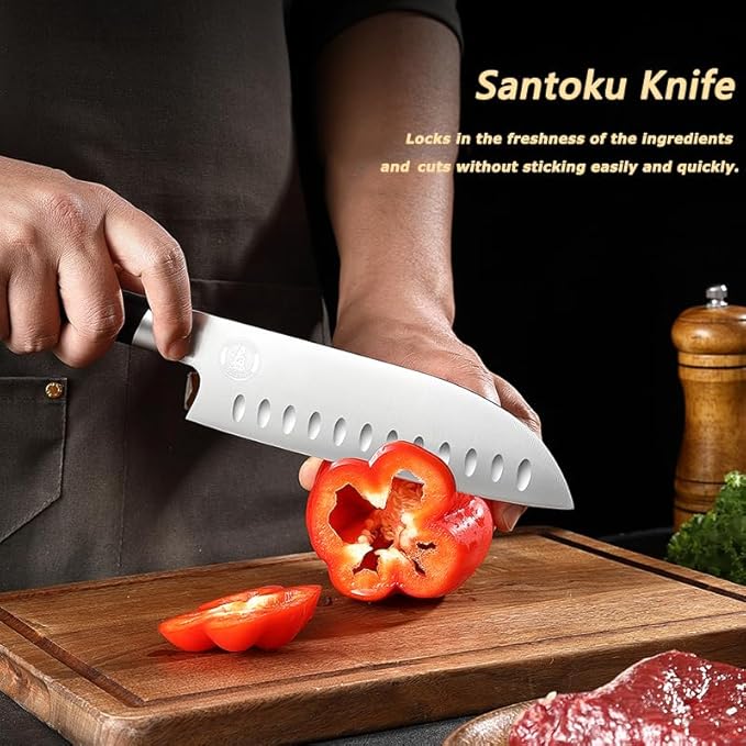 Kitory Santoku Knife 7", Full Tang Pakkawood Handle, Japanese Kitchen Chopping Knife for Vegetables fruit and cheese, Forged German High Carbon Steel, 2024 Gifts-Metadrop Series