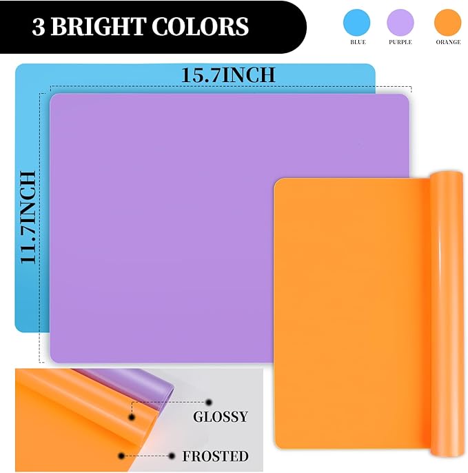 LEOBRO Silicone Mats, 3 PCS 15.7”x 11.7” Silicone Mats for Crafts, Resin Molds, Play Dough Mat for Resin, Clay, Craft Supplies, Orange & Purple & Blue