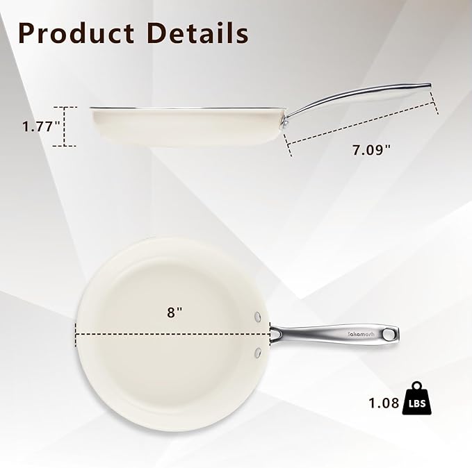 8" Ceramic Frying Pan Nonstick, Small Skillet, Cooking Pan Non Toxic with Stay Cool Handle for Induction, Chef's Pan, PTFE & PFAS & PFOA Free, Dishwasher/Oven Safe, White