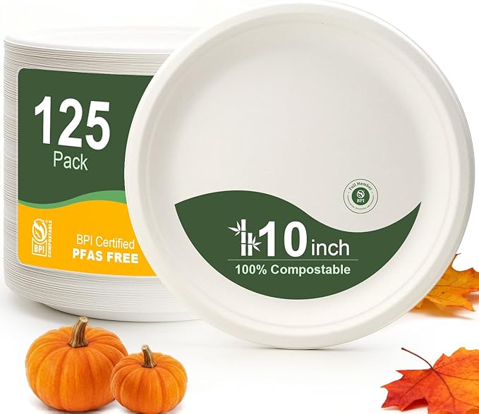 WELLIFE 10 Inch Paper Plates, 125-Pack 100% Compostable Heavy Duty Disposable Plates Bulk, Biodegradable Bagasse, Eco-Friendly, PFAS-Free | BPI Certified | Microwaveable