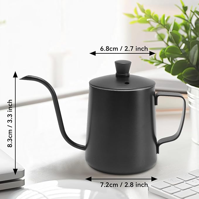 Pour Over Coffee Kettle, 12oz Stainless Steel Gooseneck Spout Pour Over Coffee Kettle Long Narrow Drip Spout Coffee Tea Pots for Pour Over Coffee, Home Brewing, Camping (12oz, Black with Lid)