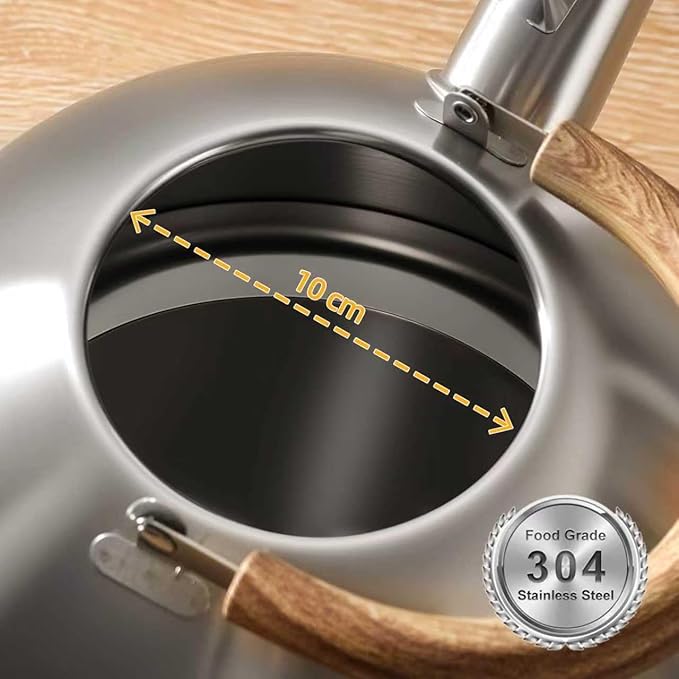 18/8 Stainless Steel Tea Kettle for Stovetop (2L / 2.1 Quart Whistling Tea Pot, Wood Handle)-Silver