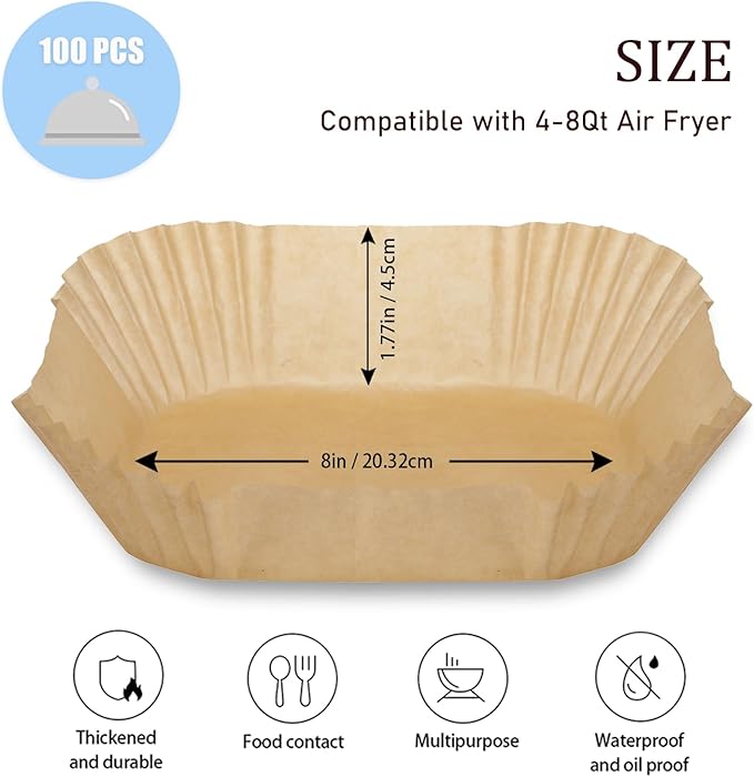 100PCS Air Fryer Paper Liners, Disposable Non-Stick Air Fryer Parchment Paper Fit 4-8QT Air fryer Basket Oil Resistant, Waterproof Baking Paper Roasting Microwave (Square,8 Inch)