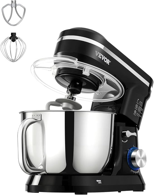 VEVOR Stand Mixer, 5QT Dough Mixer, 10+P Speeds Tilt-head Food Mixer, Kitchen Mixer with Stainless Steel Bowl, Dough Hook, Wire Whip, Beater, Scraper, Household Stand Mixer for Baking Mixing, Black