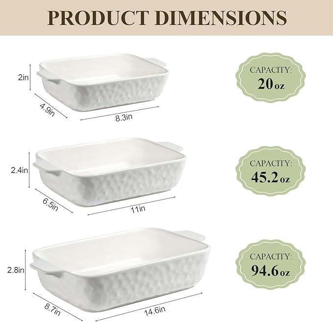 Ceramic Bakeware Set, Porcelain Rectangular Lasagna Pans Casserole Dish Set for Baking, Cooking, Kitchen, Cake Dinner, Banquet and Daily Use, Stackable Nesting, 3 PCS (cream white)
