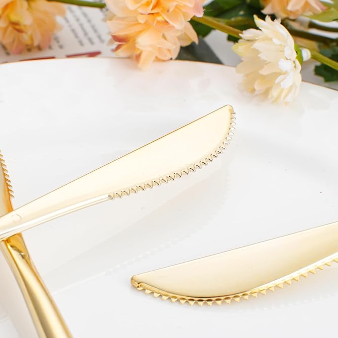 I00000 90 Pcs Gold Plastic Knives,Plastic Silverware, Gold Disposable Utensils, Heavy Duty Disposable Knives Dinnerware Perfect for Parties, Wedding & Dinners
