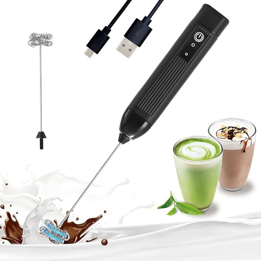 Rechargeable Milk Frother Handheld, 3 Speeds Electric Coffee Mixer Wand with Stainless Steel Whisk for Hot Chocolate, Eggs, Latte, Cappuccino (Black)