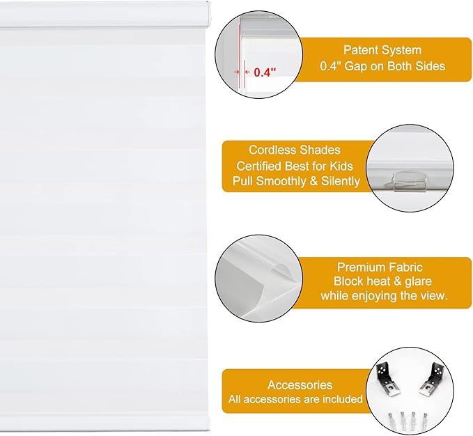 Persilux Cordless Zebra Blinds for Windows (59" W X 47" H, White) Free-Stop Dual Layer Roller Windows Shades for Day and Night, Light Filtering Sheer Shades for Home, Bedroom, Easy to Install