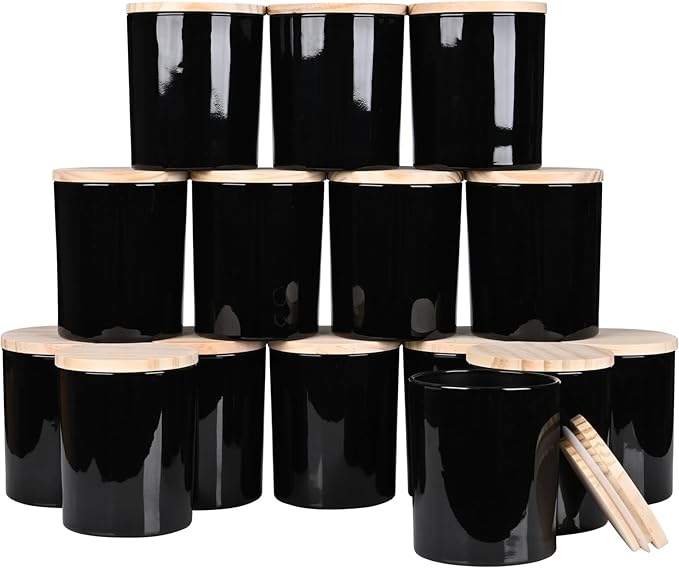 10 OZ Thick Candle Jars for Making Candles 15 Pcs, Empty Jars with Wood Lids for Candle Making, Sample Container, Light Black