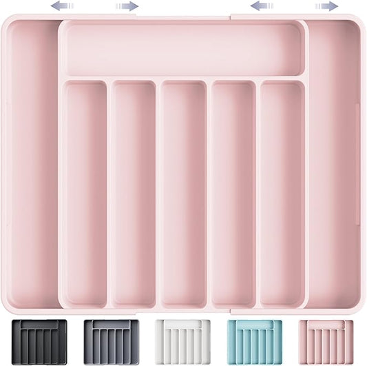 Kitsure Cutlery Drawer Organiser for Kitchen - Adjustable Cutlery Tray for Effortless Utensil Sorting, Versatile Kitchen Storage & Organisation Solution, 13.70" x 1.54" x 10.94"~20.08", Pink