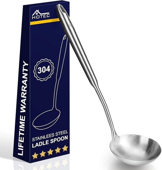 HOTEC Stainless Steel Soup Ladle Spoon 13.7" – Kitchen Ladle for Cooking and Serving, One-Piece 304 Stainless Steel Serving Spoon for Soup, Stew, Gravy, Broth