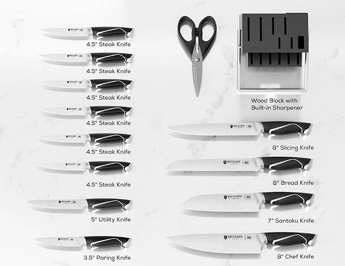 BRODARK Kitchen Knife Set with Block and Sharpener, 15 Pcs Sharp Knives Set for Kitchen, Christmas, Stainless Steel Full Tang Knife Block Set, Ergonomic Handle Professional Chef Kitchen Knives Sets