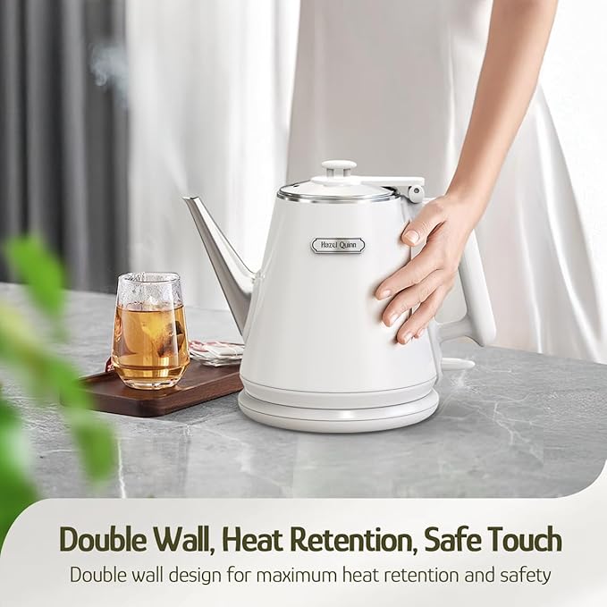 Hazel Quinn Electric Kettle - 1L/34oz Small Tea Kettle, 800W Fast Boil, All 304 Stainless Steel Interior, Double Wall for Cool Touch and Thermal, Auto Shut-Off, BPA-Free, Cordless - Pearl White