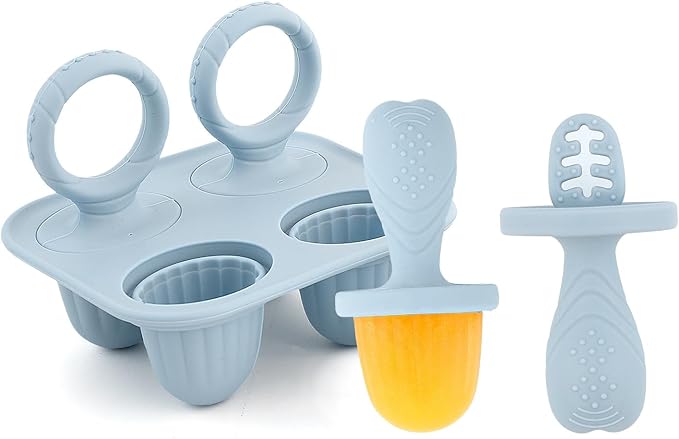 Silicone Baby Ice Pop Molds with Easy-Grip Handles, 4-Cavity Frozen Treat Tray for Toddlers, Mini Popsicle Maker for Teething Relief, Fruit Puree & Breastmilk Snacks (Dust Blue)