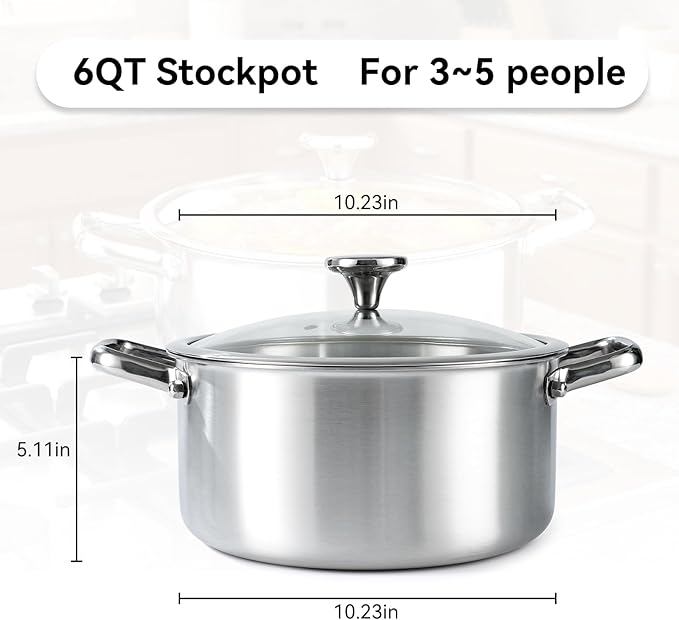 6QT Stock Pot, 316L Stainless Steel Stockpot with Lid, Professional Multi-Use Soup & Pasta Cooking Pot, Oven, Gas and Dishwasher Safe