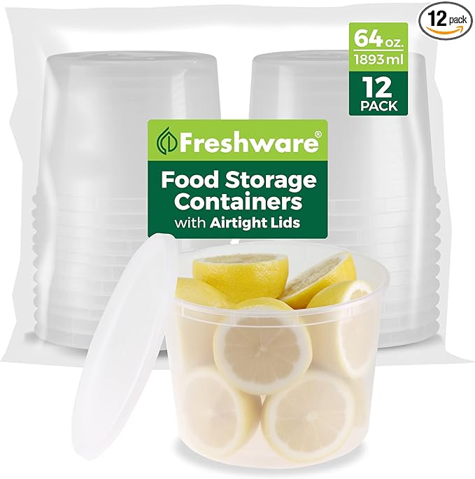 Freshware [12 Pack, 64 oz] 1/2 Gallon Plastic Deli Food Storage Soup Containers With Airtight Lids, Slime Containers, Freezer Safe | Meal Prep | Stackable | Leakproof | BPA Free, Clear