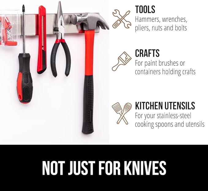 GORILLA GRIP Stainless Steel Magnetic Knife Holder for Wall, 16 Inch, Multi-Purpose Magnet Bar for Knives, Tools, Art Supplies, Heavy Duty Strip Holds Up to 6 lbs, Kitchen Organizer, Drilling Required