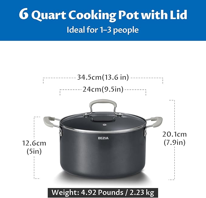 6 Quart Nonstick Stock Pot with Lid, BEZIA Ceramic Soup Pot with Lid, Induction Cooking Pots with Silicone Handle, Compatible with All Cooktops, Dishwasher Safe