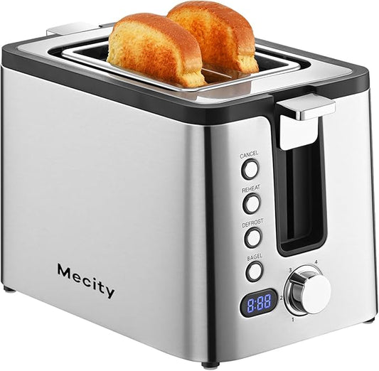 Mecity Toaster 2 Slice Stainless Steel Body, Timer, Bagel, Defrost, Reheat, Cancel Functions, Warming Rack, Removable Tray, 6 Browning Settings, Extra Wide Slots, Bread Toaster 800W