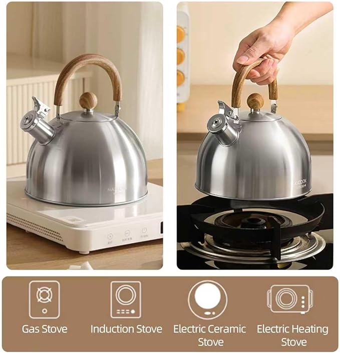 18/8 Stainless Steel Tea Kettle for Stovetop (2L / 2.1 Quart Whistling Tea Pot, Wood Handle)-Silver