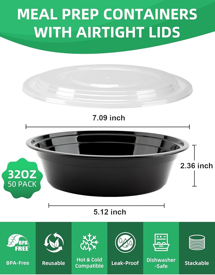 Meal Prep Containers with Lids - 50 Pack 32 oz Round Meal Bowls, Microwave, Freezer, Dishwasher Safe, BPA-Free To-Go Food Storage Containers