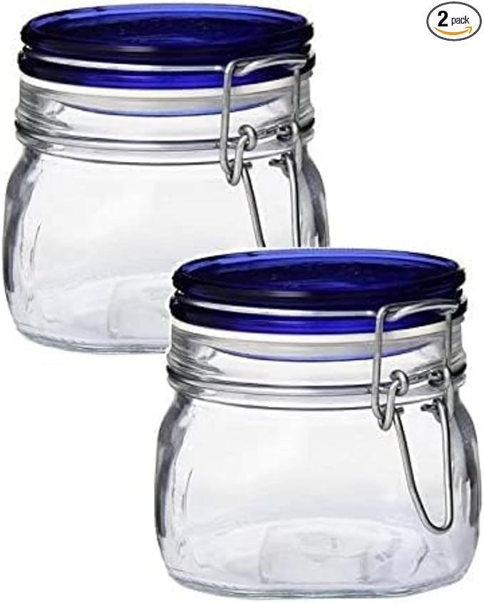 Bormioli Rocco Fido Collection, 2 Pack, 17 Oz. Food Storage Glass Jars, Airtight Rubber Seal & Glass Lid, With Stainless Wire Clamp, Made In Italy.