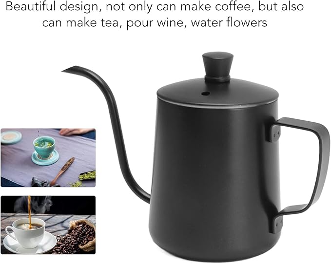 Pour Over Coffee Kettle, 12oz Stainless Steel Gooseneck Spout Pour Over Coffee Kettle Long Narrow Drip Spout Coffee Tea Pots for Pour Over Coffee, Home Brewing, Camping (12oz, Black with Lid)