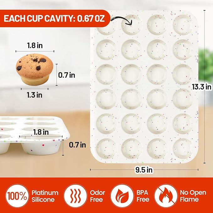 CAKETIME Silicone Mini Muffin Pan, 24 Cups Nonstick Mini Cupcake Pan for Baking Muffin, Cupcake, Egg Bites, Fat Bomb, 1 Pack Confetti