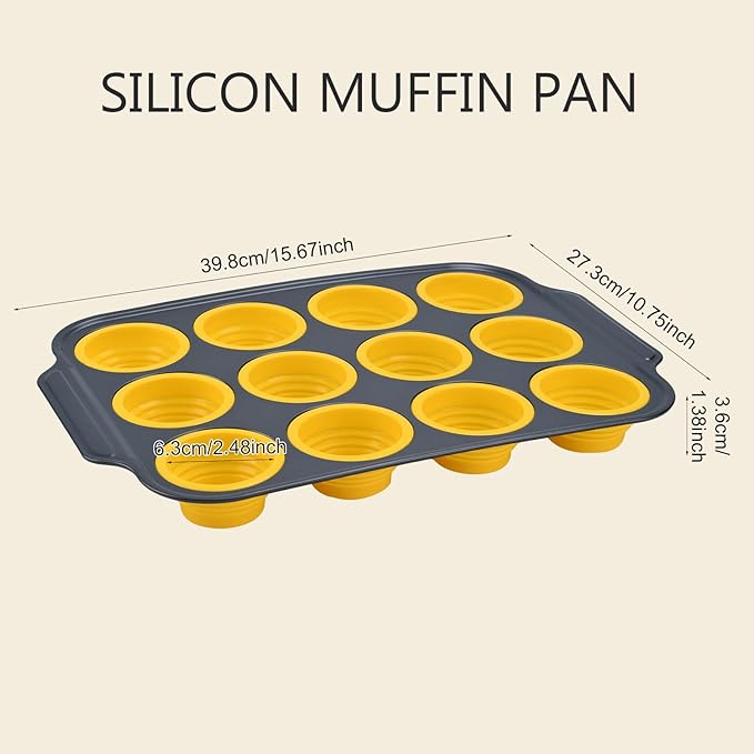Silicone Muffin Pan, 12 Cups Cupcake Pans with Metal Frame Nonstick Muffin Tins Easy to Pop Out for Baking Cupcake Egg Bites BPA-free Cupcake Pan Mold (12 Cups Yellow)
