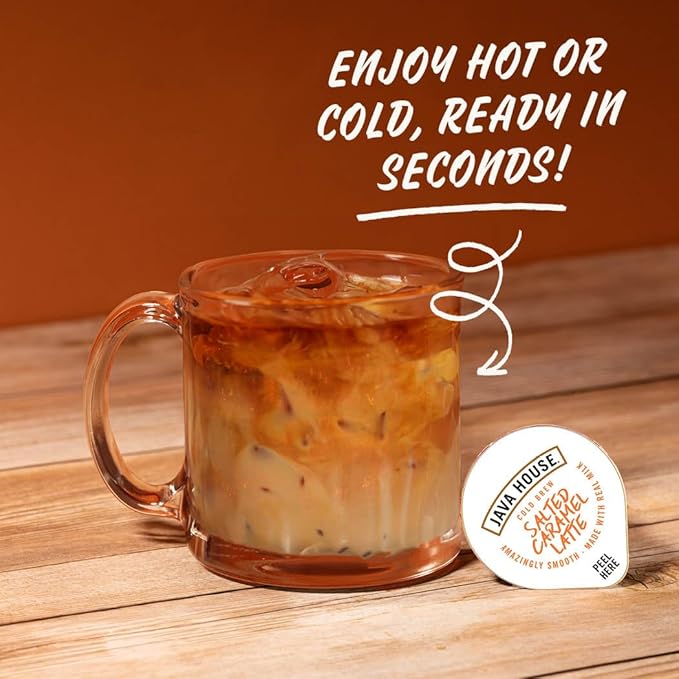 JAVA HOUSE Salted Caramel Latte Cold Brew Coffee Pods, (48 Count) Peel and Pour Pods Hot or Iced