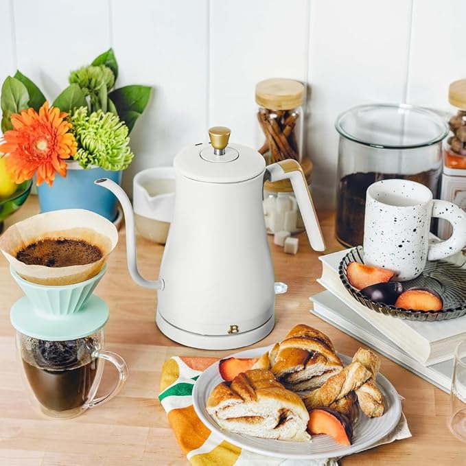 Beautiful 1L Electric Gooseneck Kettle, Precision Pour Spout, 1200W Fast Boil, Auto Shut-Off, Cordless, Stainless Steel, Tea & Coffee Maker with Ergonomic Handle, Matte Finish, White Icing