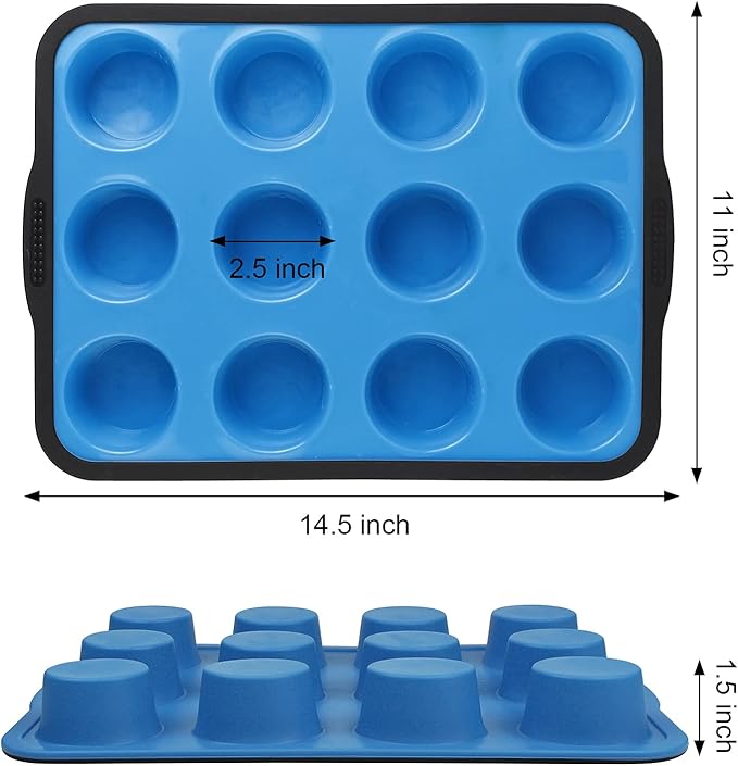 Aichoof Non-Stick Silicone Muffin Pan With Reinforced Stainless Steel Frame Inside,12 Cup Regular Muffin Baking Mold, 12 Cup Muffin Tin, BPA Free,Dishwasher Safe, Blue