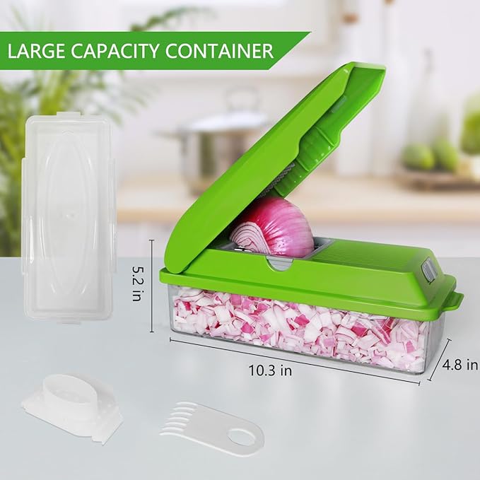 LHS Multifunctional Vegetables Chopper with Container, Manual Processor Cutter, Pro Onion Cutter, Vegetable Slicer Dicer Cutter with 3 Blades, Veggie Salp Chopper(6-in-1,Green)