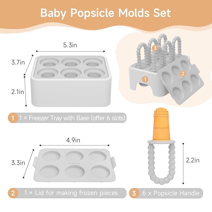 Morlike Baby Tiny Pops, 100% Silicone Popsicle Mold for Infants 4 Months +, Breastmilk Ice Pop Molds Teethers for Teething Relief, Baby Essentials, BPA Free & Dishwasher Safe (Grey)
