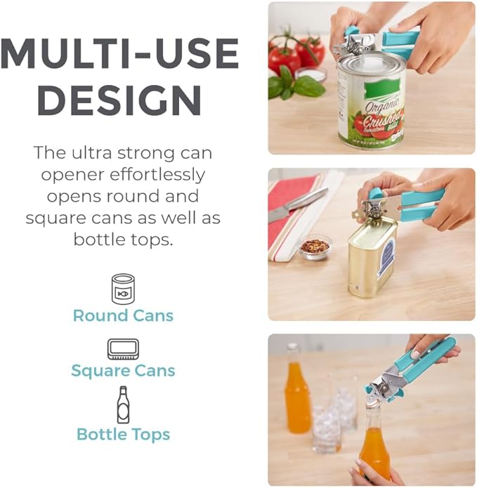 Kitchen Genie Heavy Duty Stainless Steel Manual Can Opener, Strong Blade for Smooth Edge Cuts, Open Cans Easily, Slip-Resistant Ergonomic Handle, Easy Turn Knob, Bottle Openers Included, Teal