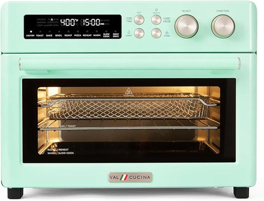 VAL CUCINA Retro Style Infrared Heating Air Fryer Toaster Oven, Extra Large Countertop Convection Oven 10-in-1 Combo, 6-Slice Toast, Enamel Baking Pan Easy Clean with Recipe Book, Green Color